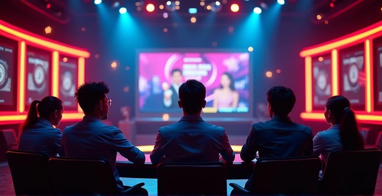 A vibrant online casino interface with various live dealer games, showcasing a person placing bets on a smartphone, suitable for an article about live casinos broadcasting from abroad.